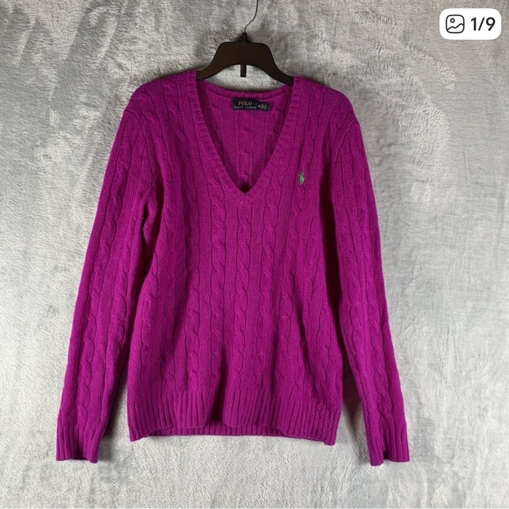 Polo Ralph Lauren Women's Sweater Cable Knit Wool Cashmere V Neck S Magenta